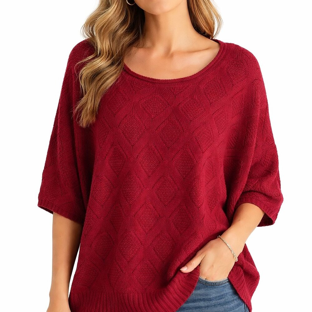 US Sweaters NWT Medium Petite Red Sweater Batwing Sleeve Diamond Pattern
